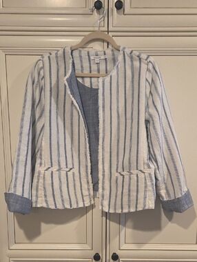 Chico's Sz 1 Linen Blue and White Striped Open-Front Jacket